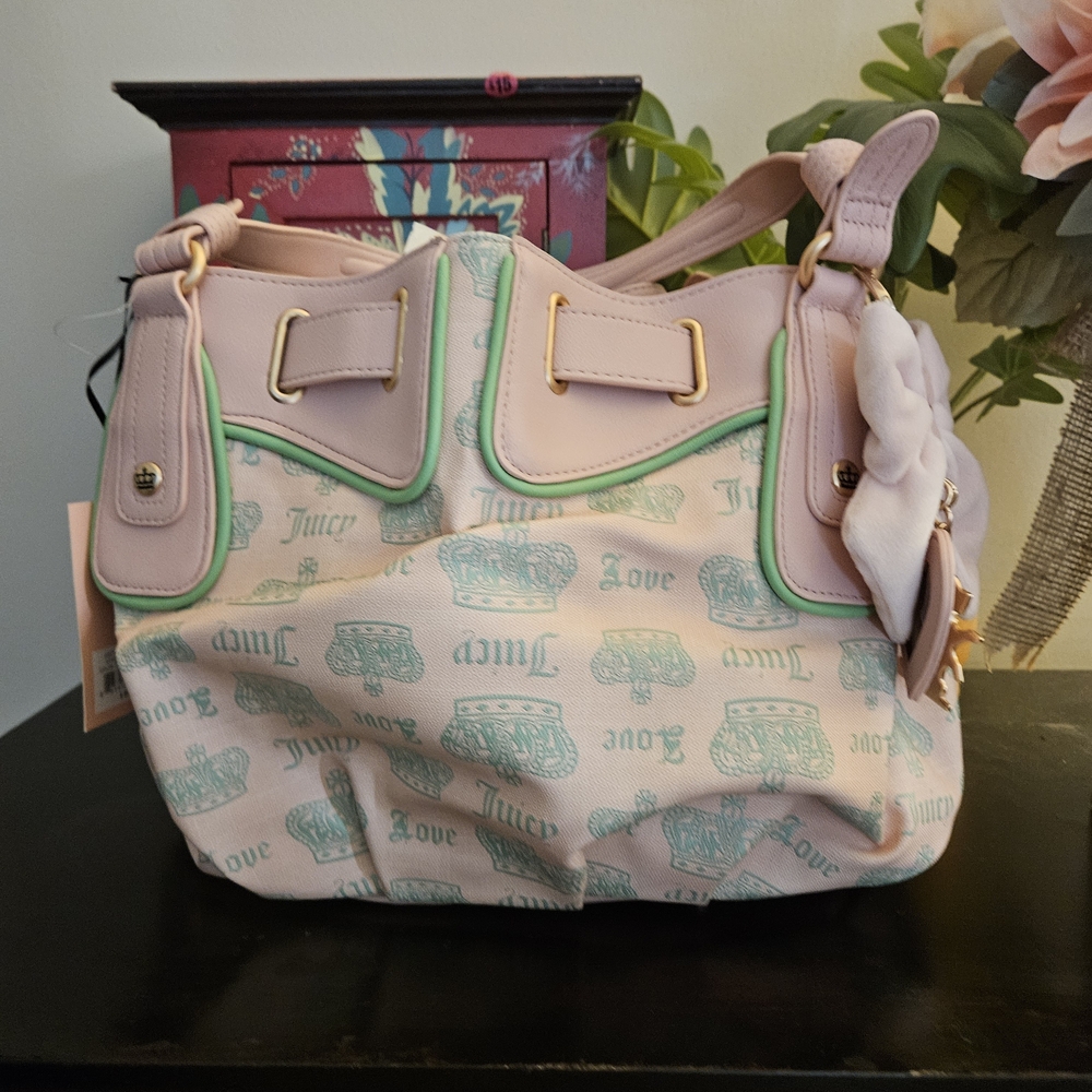 Juicy Couture Fan Club Satchel Pink and Green Women's Bag